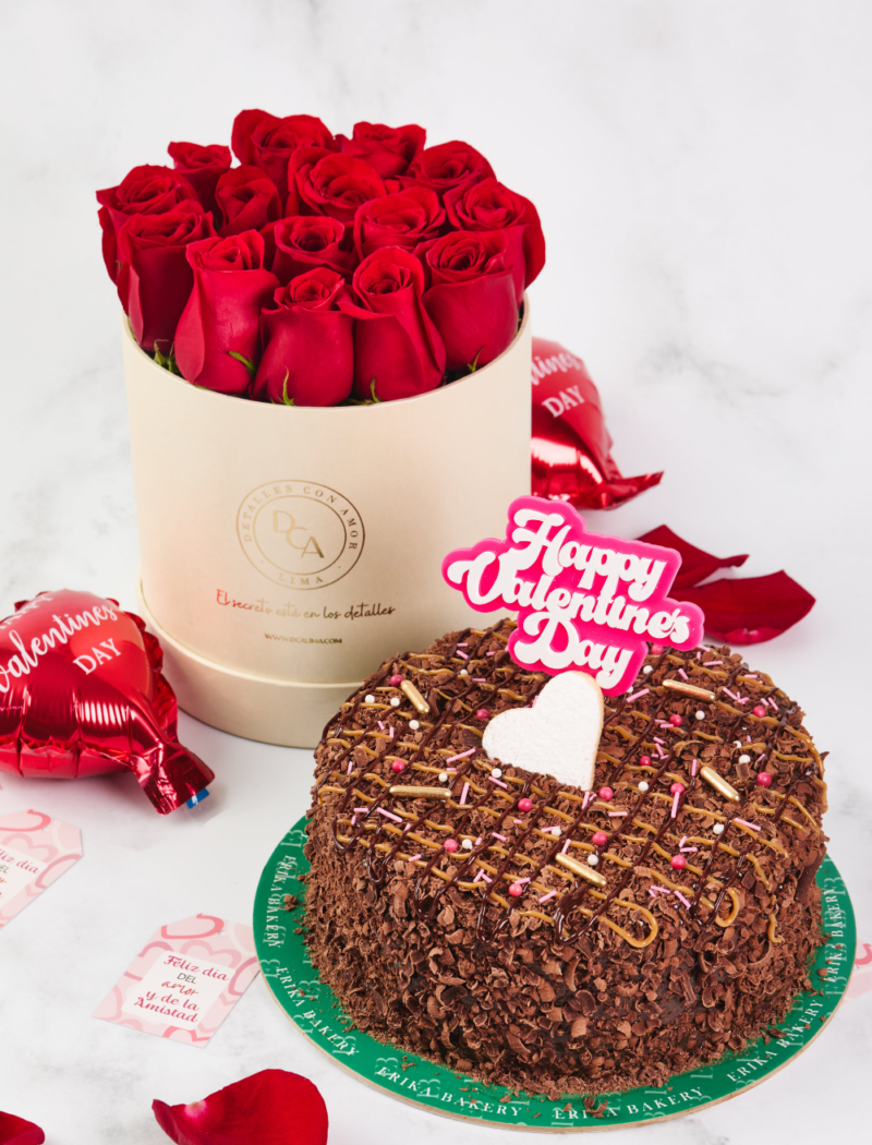 PACK TORTA DE CHOCOLATE Y BOX DE ROSAS SAN VALENTÍN